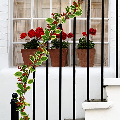 Juegoal 9FT Pre-lit Christmas Garland with Red Berries & Holly, Battery Operated with Timer