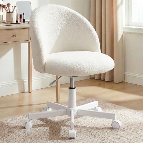 Armless Vanity Chair with Wheels, Teddy Fleece Swivel Office Desk Chair