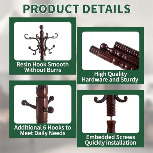 OIRUMIE Vintage Wooden Coat Rack with 14 Hooks - Triangle Base, Adjustable Height