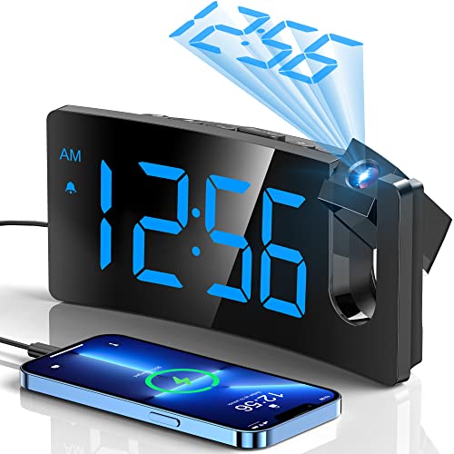 Digital Projection Alarm Clock with Curved Blue LED Display & USB Charger
