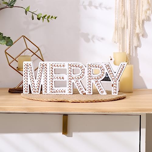 Merry Christmas Sign, Free Standing Wooden Small Christmas Centerpieces For Tables, Rustic Merry Letter Christmas Decorations, Beaded Farmhouse Meery Christmas Wall Decor