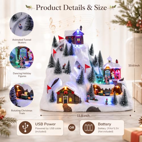 VCUTEKA Alpine Village Christmas Village Scene with Rotating Train & Skaters - Holiday Decor