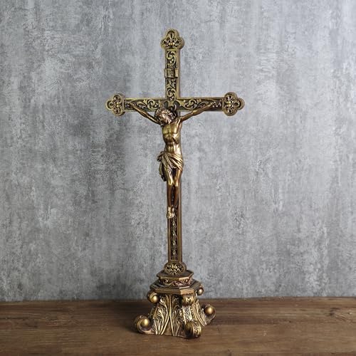 Standing Crucifix for Altar, 14.7-Inch Resin Tabletop Cross Decor