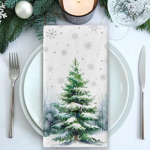 Croar Winter Pine Tree Kitchen Dish Towel Snowy Snowflake Farmhouse Decor - Set of 2