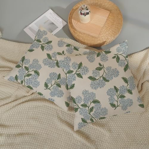 Floral Outdoor Pillow Covers 18x18 Inch - Set of 2 Blue Hydrangea Linen