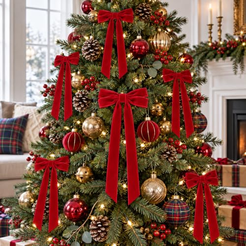 Milimot 12 Pcs Red Velvet Christmas Bows - 5 x 10 Inch, Red / 1 inch Ribbon