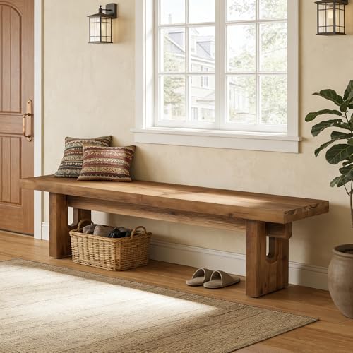 63" Solid Wood Farmhouse Dining Bench, Rustic Indoor Entryway Seating