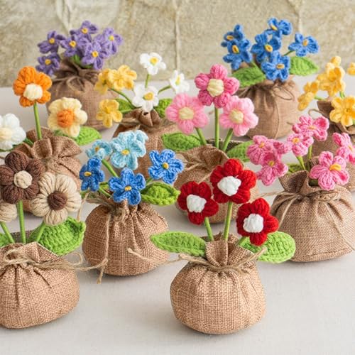 Dark Pink Myosotis Crochet Flowers Bouquet - Andvon Desk Decor for Women