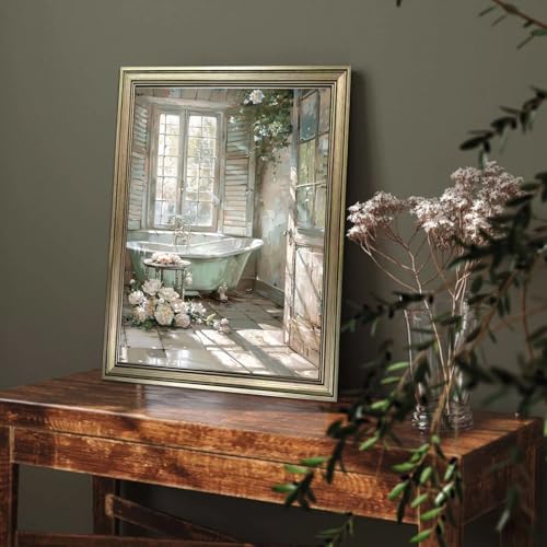 Vintage Floral Bathtub Wall Art, 10x8 Inch Framed Rustic Bathroom Canvas Print