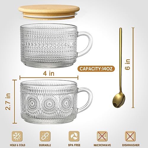 LANDNEOO 4-Pack Vintage Glass Coffee Mugs with Bamboo Lids & Spoons, 14oz