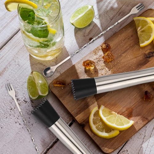 10" & 8" Cocktail Muddlers, Stainless Steel Muddler with 3 Pcs 10 inch Mixing Spoon for Lemonade Mojitos Fruit Drinks
