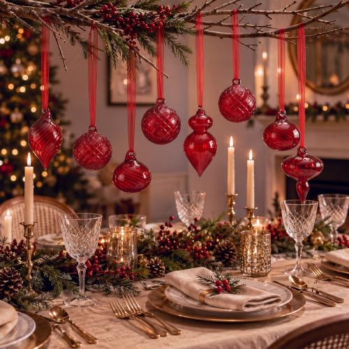 Hungdao 14pcs Vintage Red Glass Christmas Ornaments - Satin Ribbon Hangers