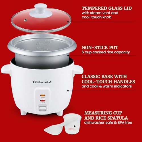 Electric Rice Cooker with Keep Warm & Removable Pot, 6-Cup Cooked, White