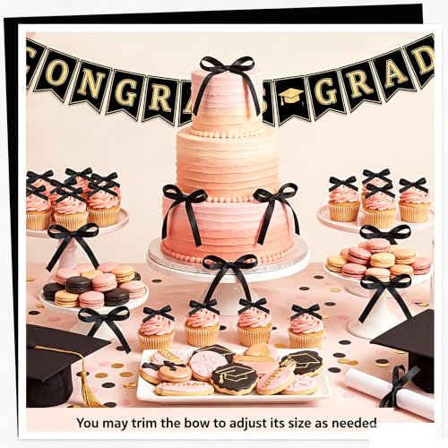 30 Pack Black Ribbon Bow Cake Toppers Handmade Polyester Bows for Party Decor