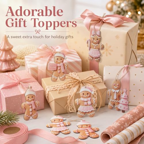 24 Pcs Pink Gingerbread Man Ornament Set - 3.94'' Wooden Christmas Decorations, Memorywuu