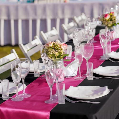 Breling 12 Pack Black and Hot Pink Tablecloths & Satin Runners Set – 54x108" Table Cover + 12x108" Runners