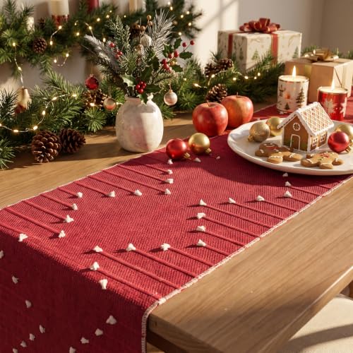Artoid Mode Red Farmhouse Rustic Cotton Woven Table Runner 12x120 Inch Holiday Decor
