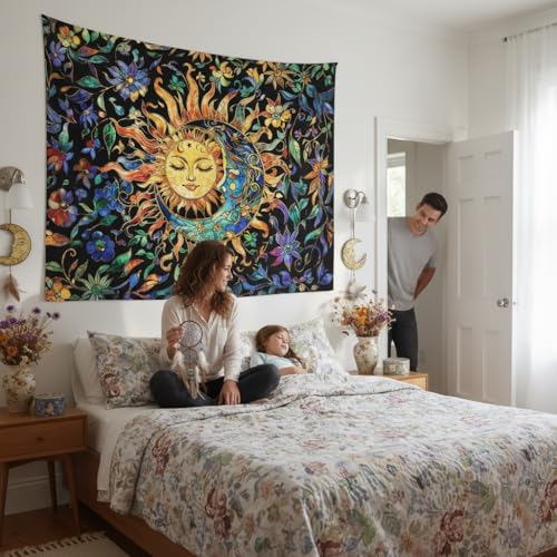 Sun and Moon Stained Glass Wall Tapestry - Boho Vintage Floral Wall Hanging