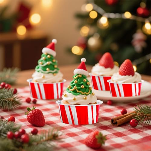 FYSUIMU 60 Pcs Christmas Aluminum Cupcake Liners with Lids 5oz - Red & White