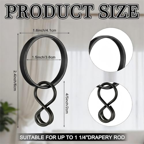 Otoolling Black 1.5 Inch Metal Curtain Rings with Eyelets Clips, Pack of 50
