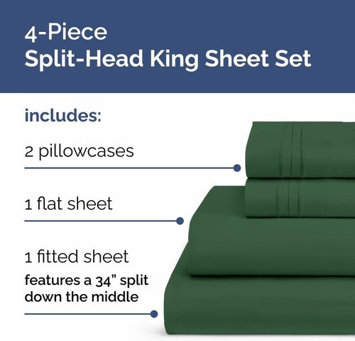 Flex Top Split Head King Sheet Set - Comfy, Breathable & Cooling Luxury Bedding - Deep Pockets - Emerald Green