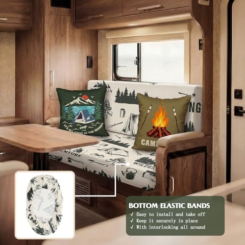 Camping Theme RV Dinette Cushion Covers Set - 6 Pcs Green