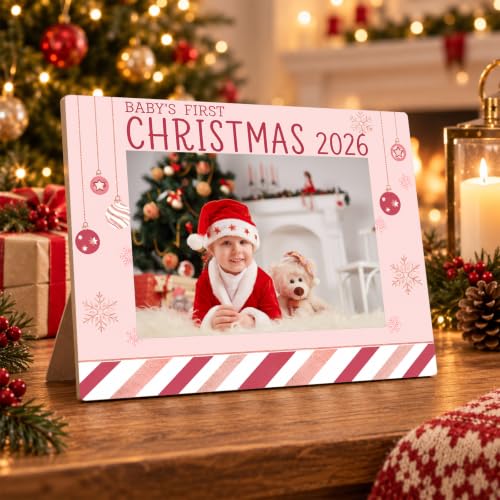 CBFEBCBST First Christmas-2 Pink Baby's First Christmas 2026 Picture Frame, 4x6 Easel-Back