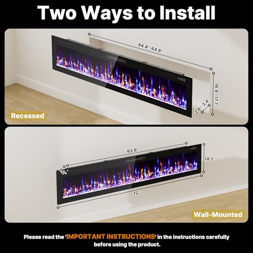 72-Inch Ultra Thin Electric Fireplace Wall Mounted Slim Insert