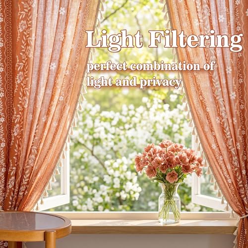 Boho Floral Short Tier Curtains - 26" Wide, 36" Long, 2 Pcs