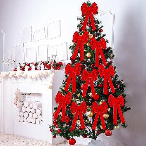 Lenwen 24 Pack Large Red Velvet Christmas Bows Tree Toppers Holiday Decorations