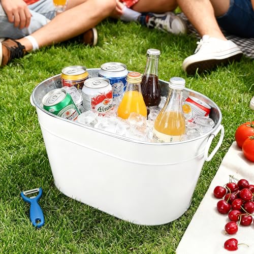 DAMSICO White Galvanized Beverage Tub with Handles - Large Ice Bucket for Parties
