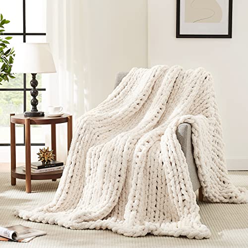 L'AGRATY Chunky Knit Throw Blanket 50" x 60" - Soft Handmade Chenille (Ivory)
