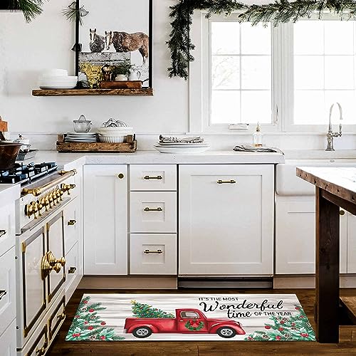 Christmas Kitchen Rugs Set - Non-Slip Holiday Gnome and Truck Floor Mats, 2-Piece
