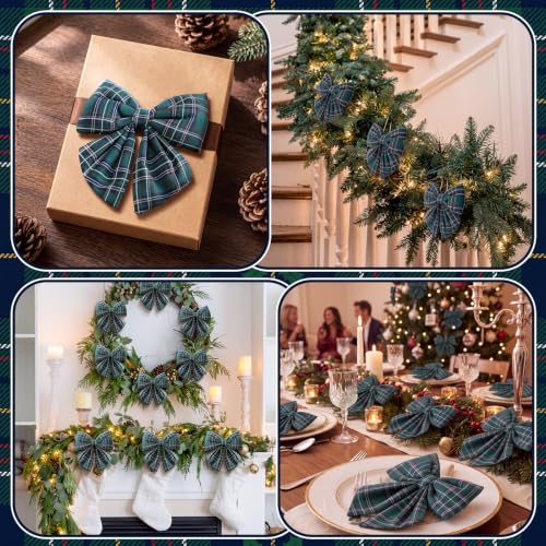 Rivvlive Green Tartan Christmas Bows Ornaments - 4 Inch Holiday Decor, 12 Pack