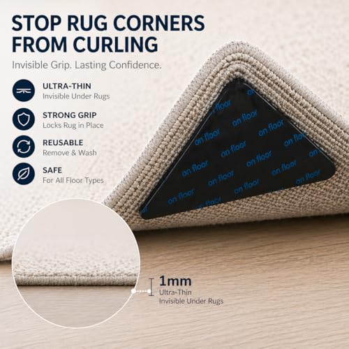 Non-Slip Rug Grippers for Hardwood Floors - 12 Pack Reusable Adhesive Pads