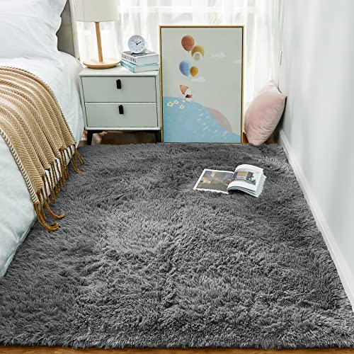 Ophanie Washable Fluffy Area Rug - Soft Non-Slip Grey Shaggy Carpet for Living Room & Bedroom