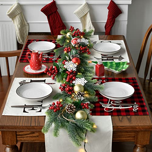 Red Buffalo Plaid Placemats - Set of 4, 12x18 Inch Washable Table Decor, Black/Red Variation