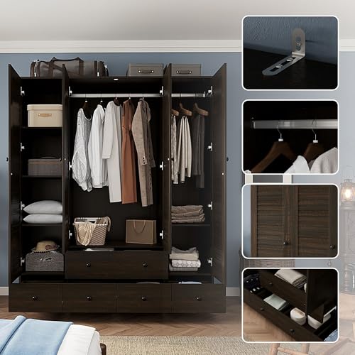 Tall Bedroom Wardrobe with Louvered Doors, Shelves, and Drawers - Vintage Brown