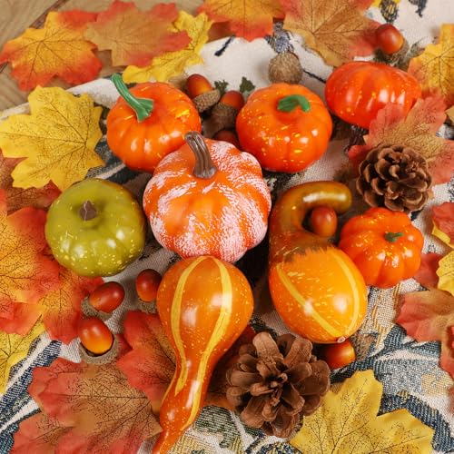 Fall Decorations Set with Mini Pumpkins, Gourds & Leaves - 50 Pieces