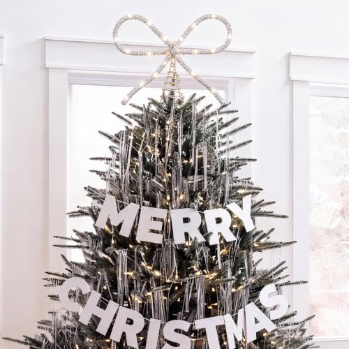Retisee Silver 9.8 Inch Bow Christmas Tree Topper with LED Rhinestones