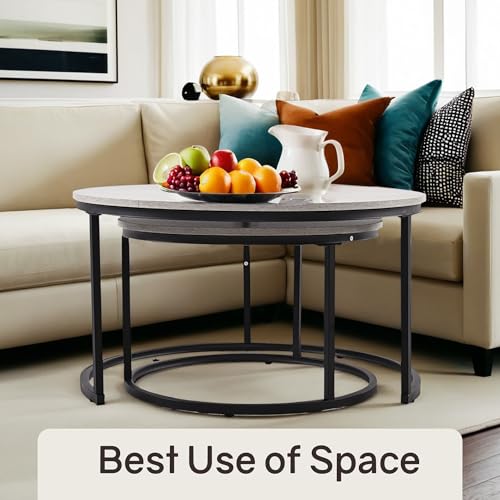 2-Piece Round Nesting Coffee Table Set, Wood Grain Accent Tables
