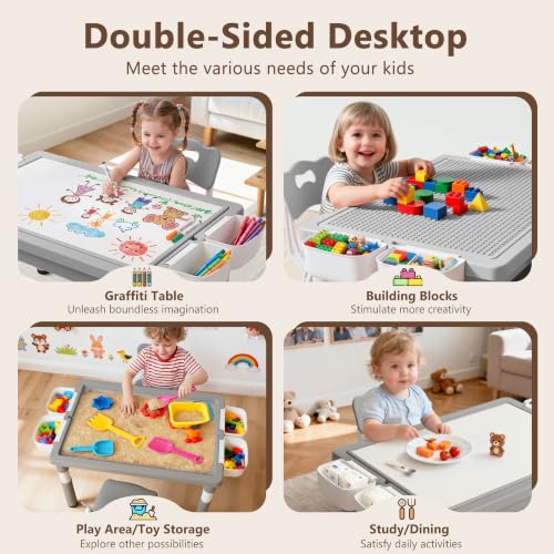 Adjustable Kids Activity Table and 2 Chairs Set with Storage, Grey
