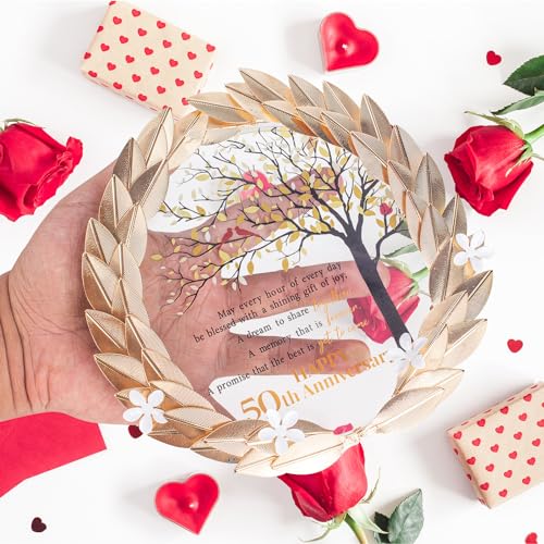 50th Anniversary Crystal Plaque with Golden Wreath Gift for Couples