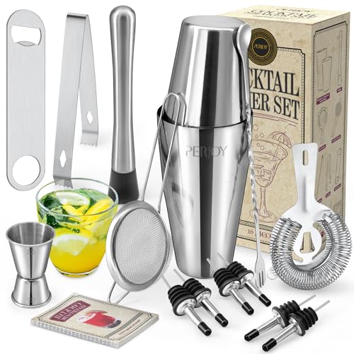 Perjoy 16-Piece Stainless Steel Cocktail Shaker Set with Bar Tools, Boston Shaker, Jigger & Muddler