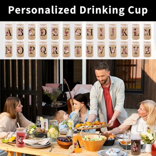 Personalized Monogrammed 16oz Glass Drinking Cup with Lid & Straw - Letter K Gift