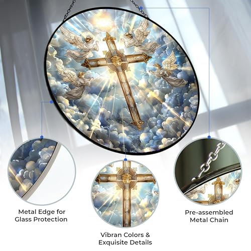 Handcrafted Jesus Cross Stained Glass Suncatcher - 12”x12”
