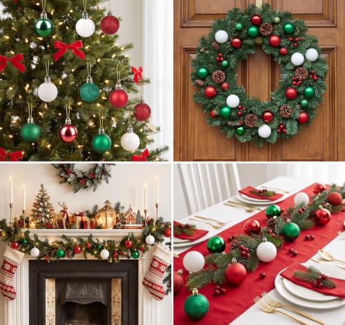 Anstore 54Pcs Mini Christmas Ornaments Red Green White - 3cm/1.18in Shatterproof Baubles with Gold Caps & String