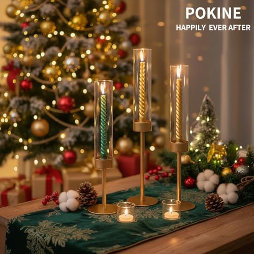POKINE Gold Candle Holders Set of 6 for Taper Candles – 18.9/16.5/14.9 in Varied Heights (Variation 6)