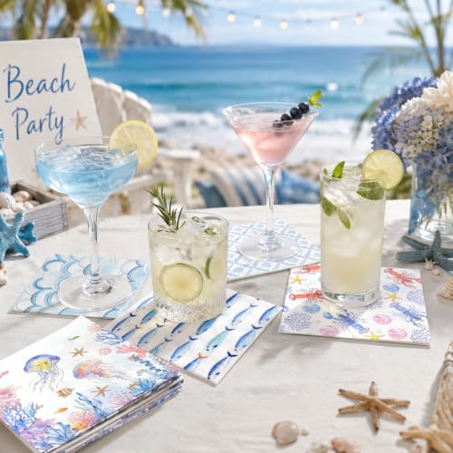 60Pcs Ocean-Themed Cocktail Napkins Set - 12 Designs, 3-Ply Summer Beach Party Decor