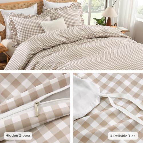 Tan Gingham Ruffle Duvet Cover Set - 3 Piece Soft Washed Farmhouse Bedding